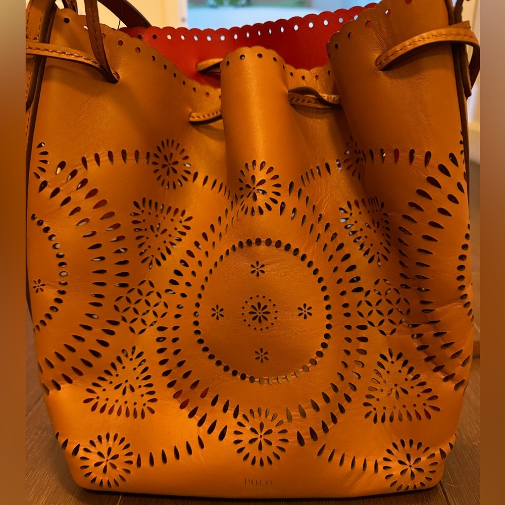 Polo by Ralph Lauren Tan-Orange Laser-Cut Drawstring Shoulder Bag
